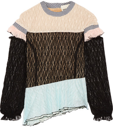 Sandy Liang civic gingham-trimmed ruffle laced top