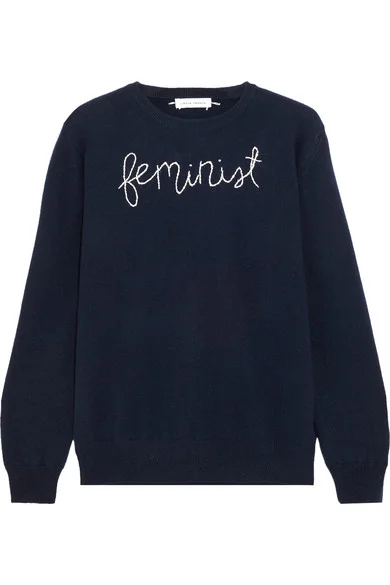 Feminist 'embroidered' navy cashmere sweater 