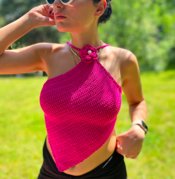Studi Origin pink flower crochet top