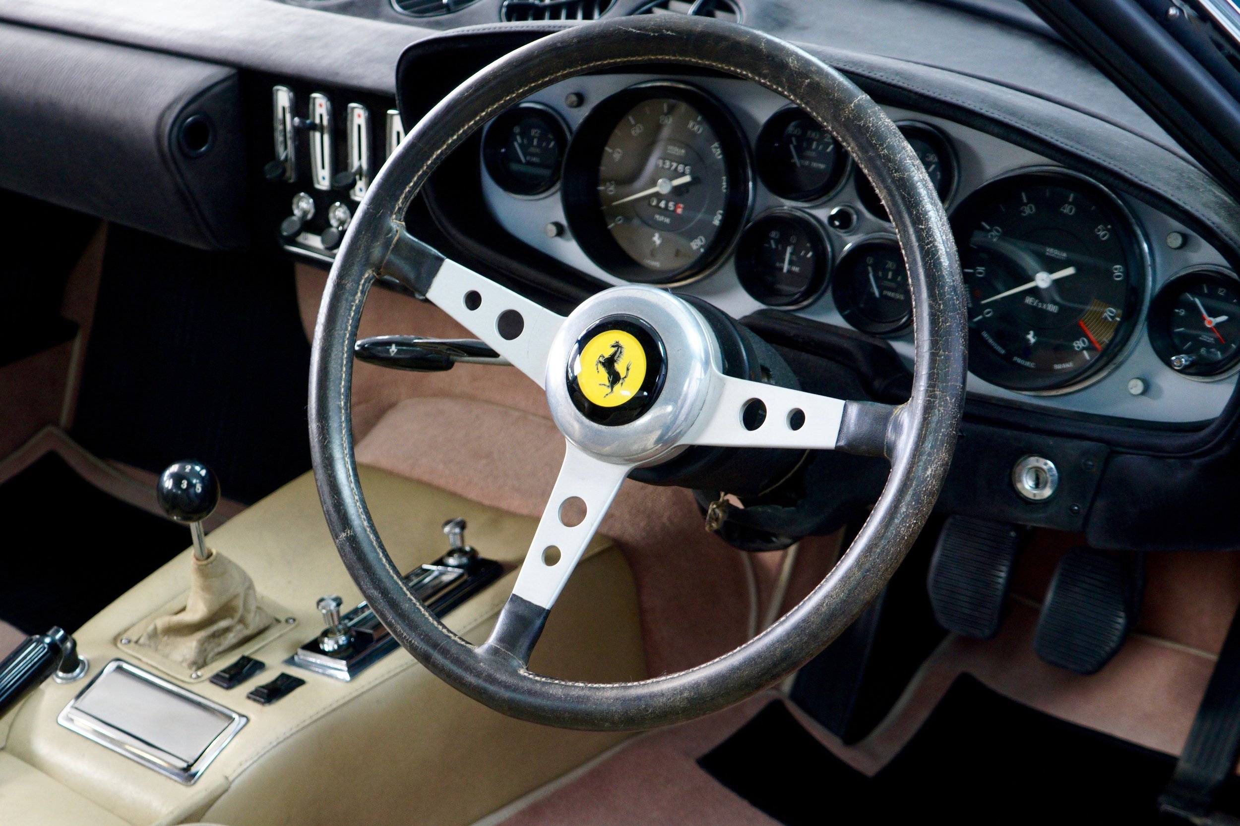The finished steering wheel re-fitted to the car.