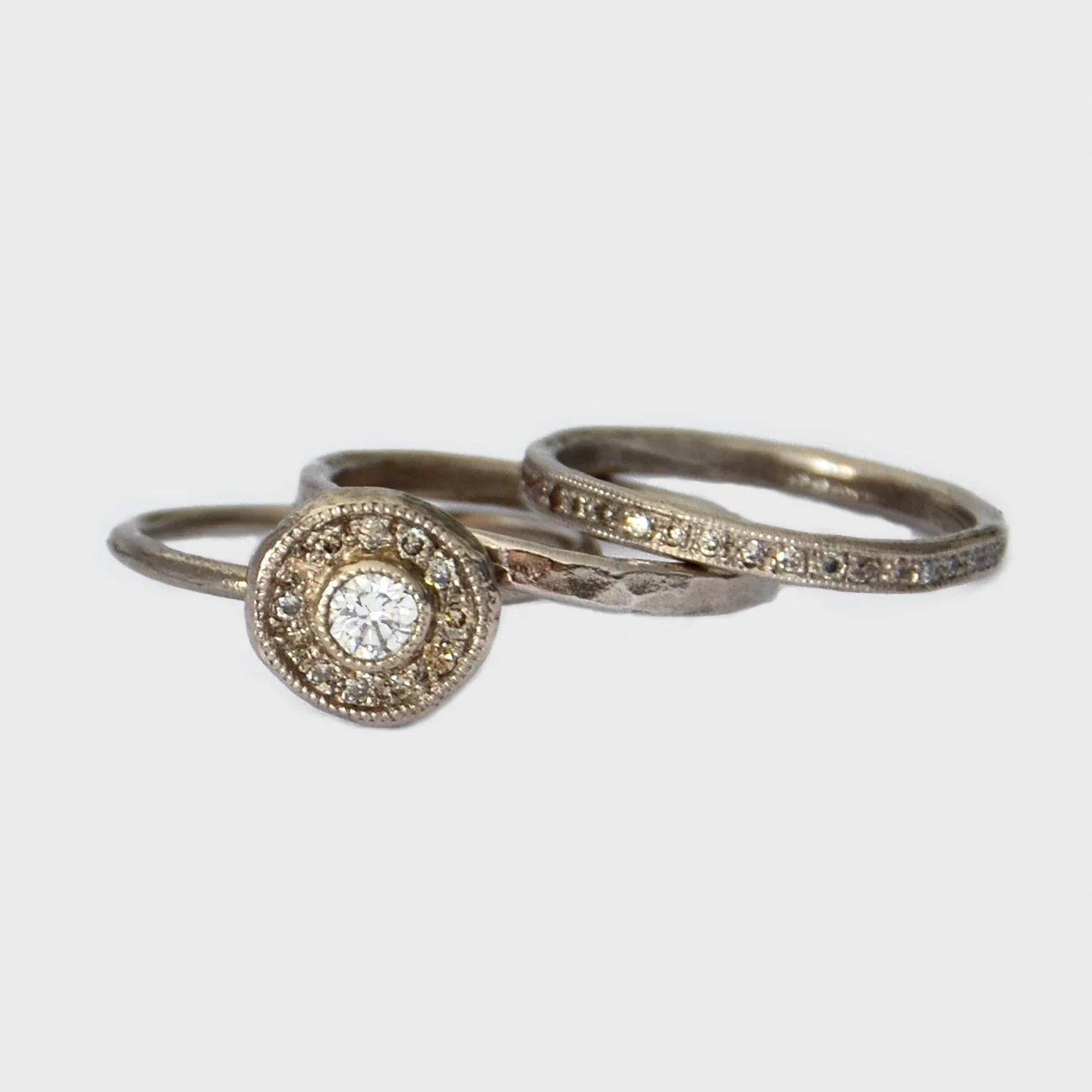 Stack of White Gold and Diamond Engagement Rings