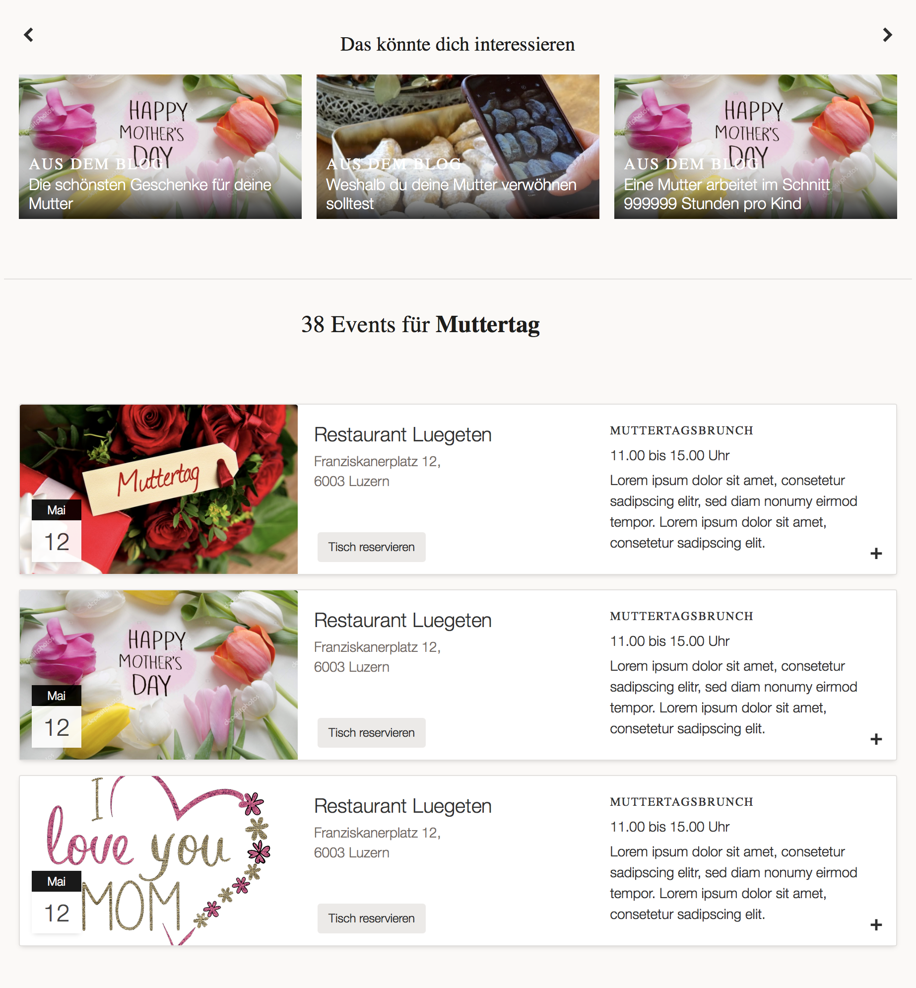 So wird die Eventseite auf lunchgate.ch aussehen.