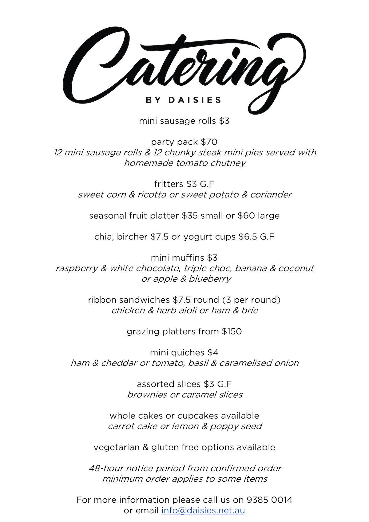Daisies Cottesloe Cafe Catering By Daisies Menu