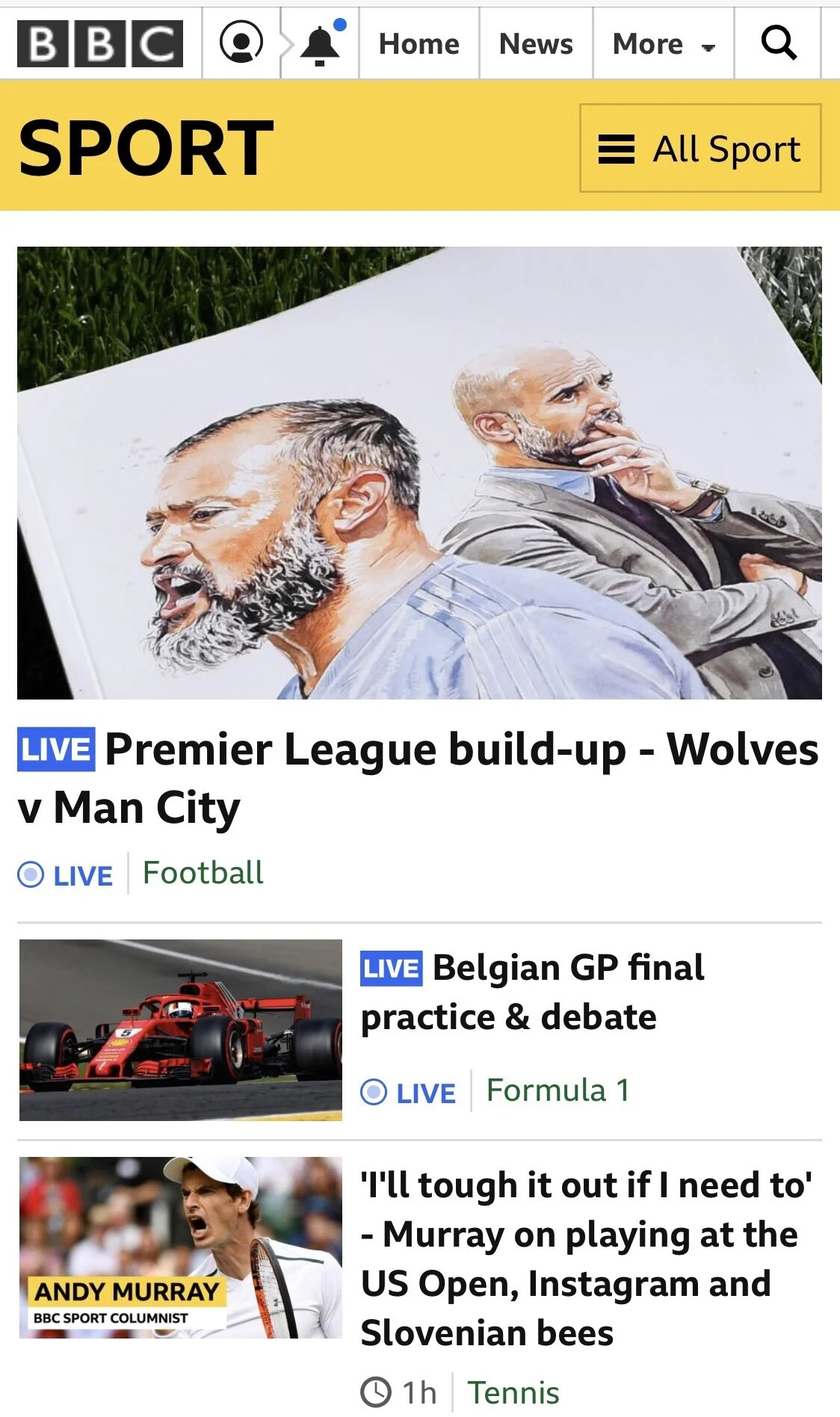 BBC Sport homepage 25 August 2018