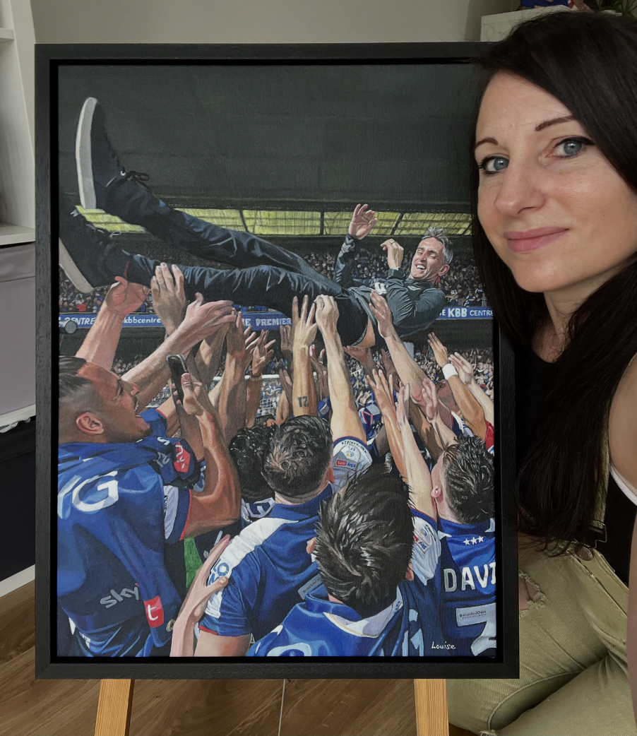  Acrylic on canvas painting capturing Town players celebrating promotion to the Premier League with manager Kieran&nbsp;McKenna 
