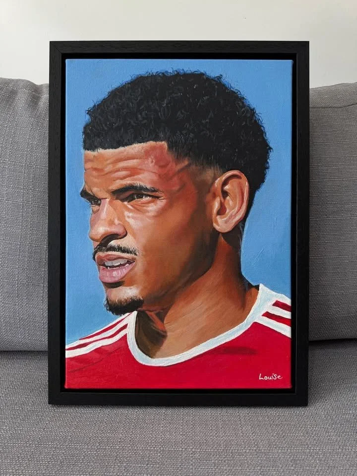  Morgan Gibbs-White of Nottingham Forest original acrylic on canvas painting; approx 33cm x 46cm inc frame.  
