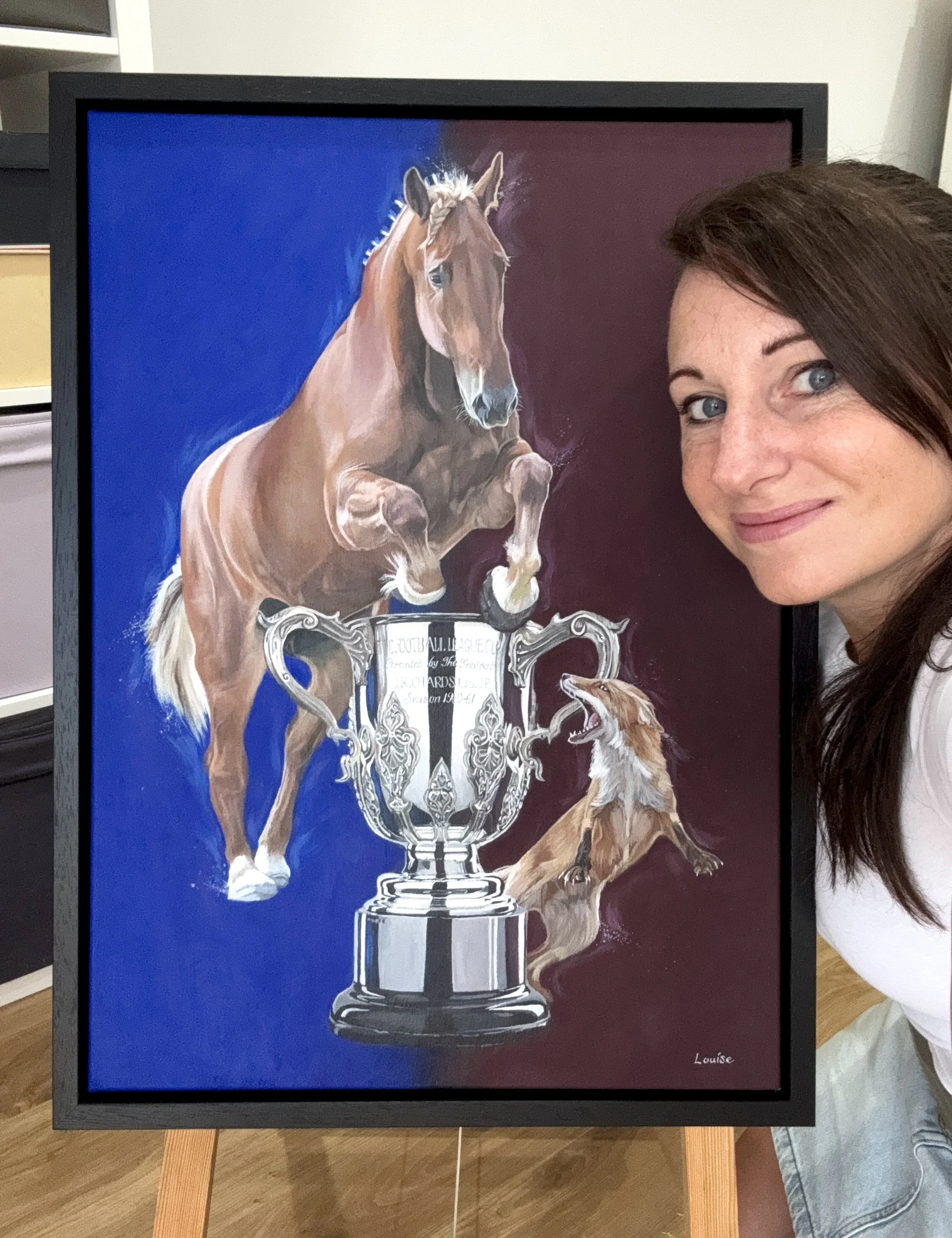  Acrylic on canvas painting for Ipswich Town’s Carabao Cup second round fixture against Leicester City, featuring beautiful Suffolk Punch mare Katy from Clifford’s Kingdom in Cornwall. 