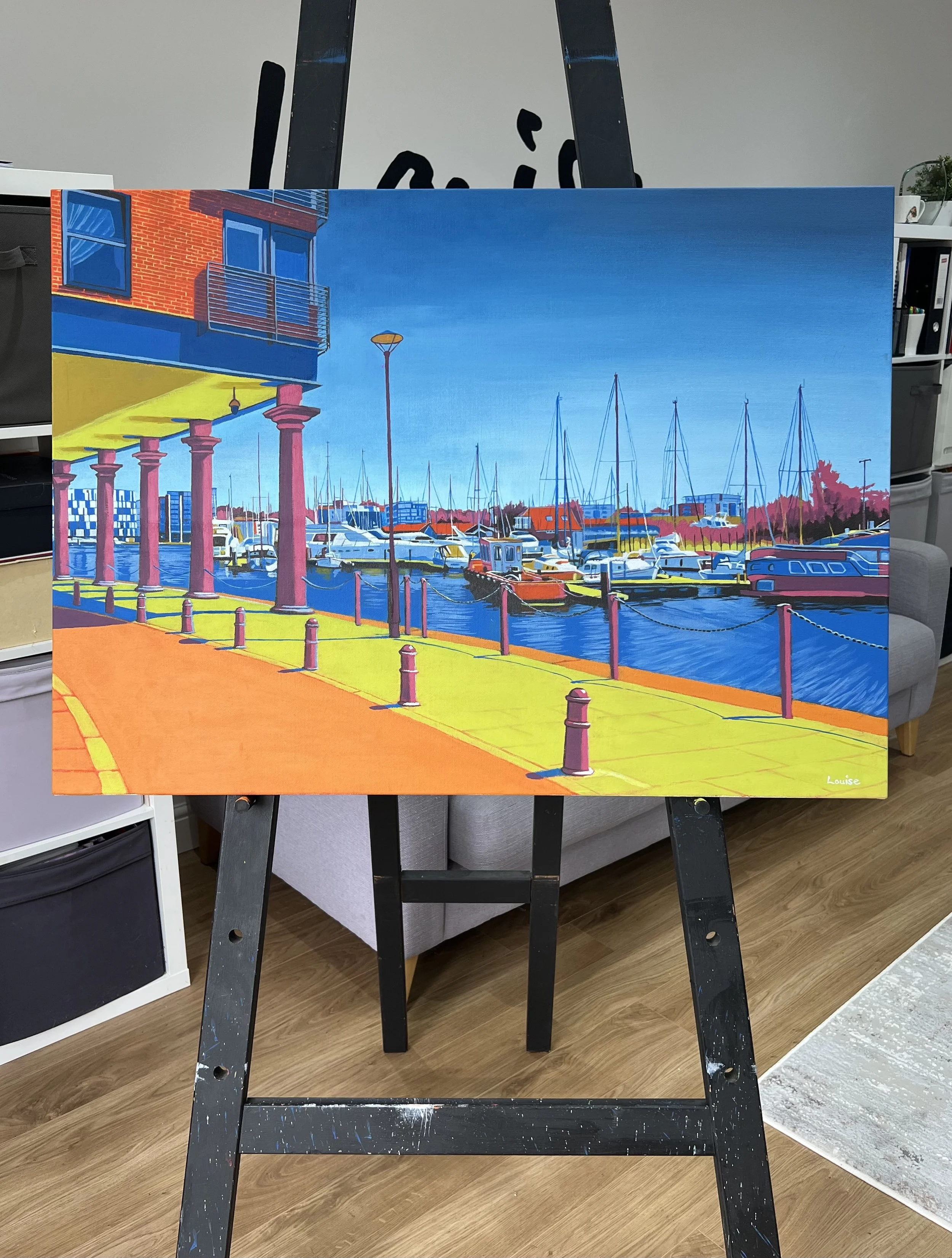  Ipswich Waterfront acrylic on canvas painting, measuring approximately 65cm x 90cm. 