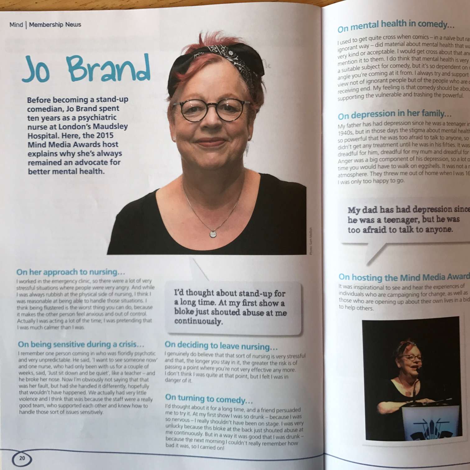 Jo Brand, who worked as a mental health nurse, in Mind Membership News