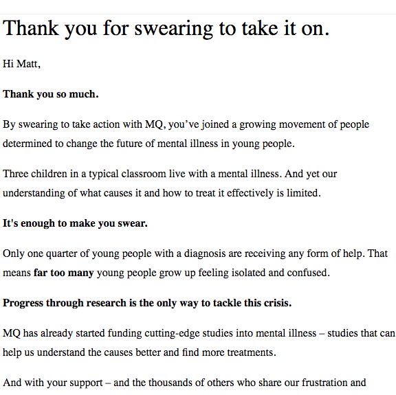 An email thanking supporters for swearing to take on mental illness.