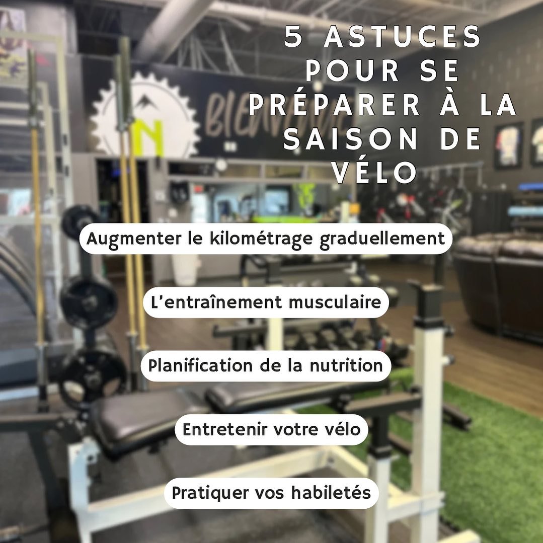 Pr&eacute;parez-vous &agrave; la saison de v&eacute;lo avec ces 5 astuces incontournables ! 

Augmentez le kilom&eacute;trage progressivement pour renforcer votre endurance et &eacute;viter les blessures. 📈
Ne n&eacute;gligez pas l&rsquo;entra&icirc