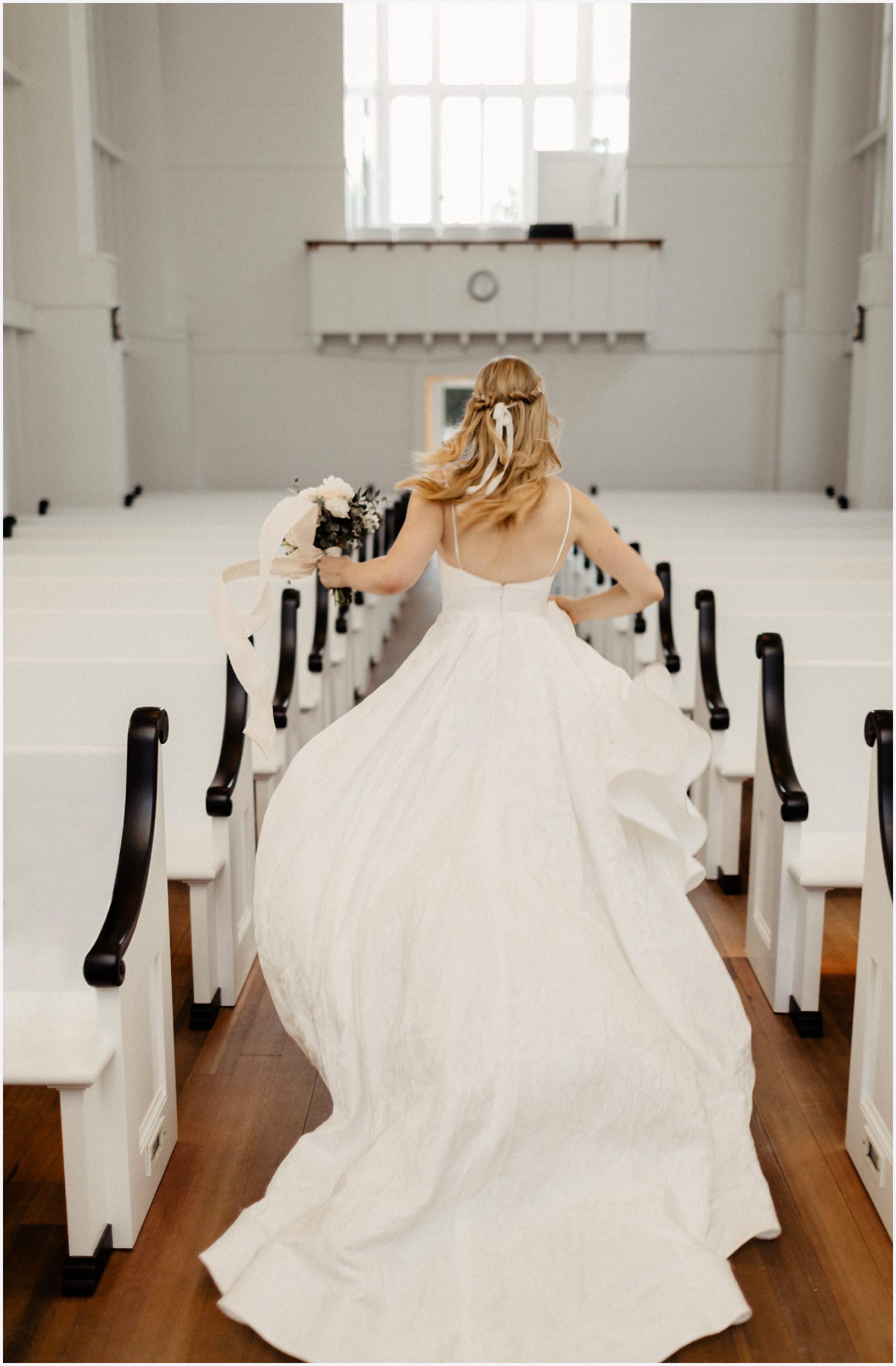 Bride running in the Seaside Chapel