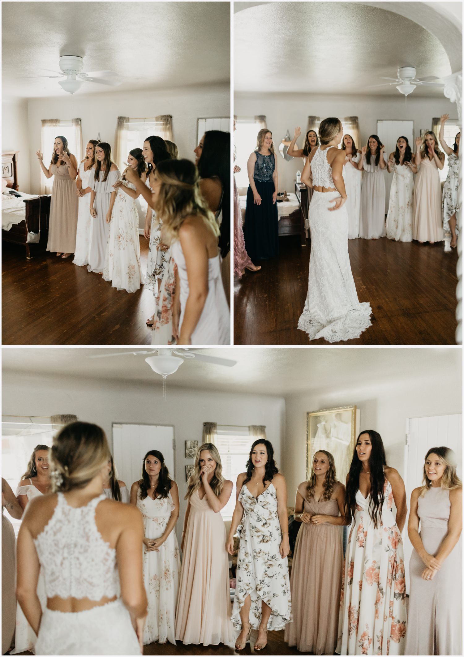 Bridesmaids first look at the bride in her wedding dress in the Gabrella Manor