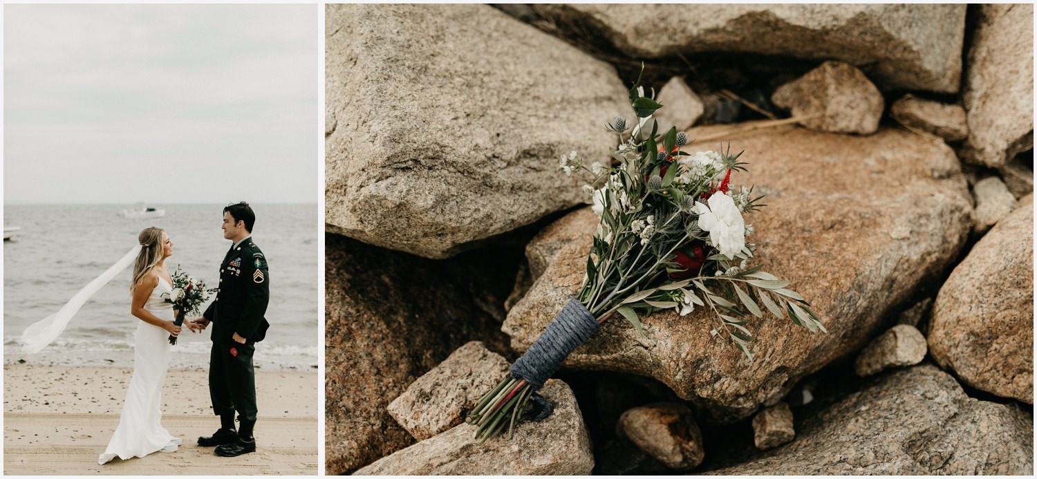 Bride and groom at the beach by the Chequessett Yacht &amp; Country Club