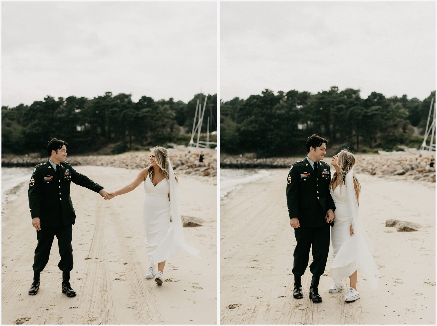 Bride and groom at the beach by the Chequessett Yacht &amp; Country Club