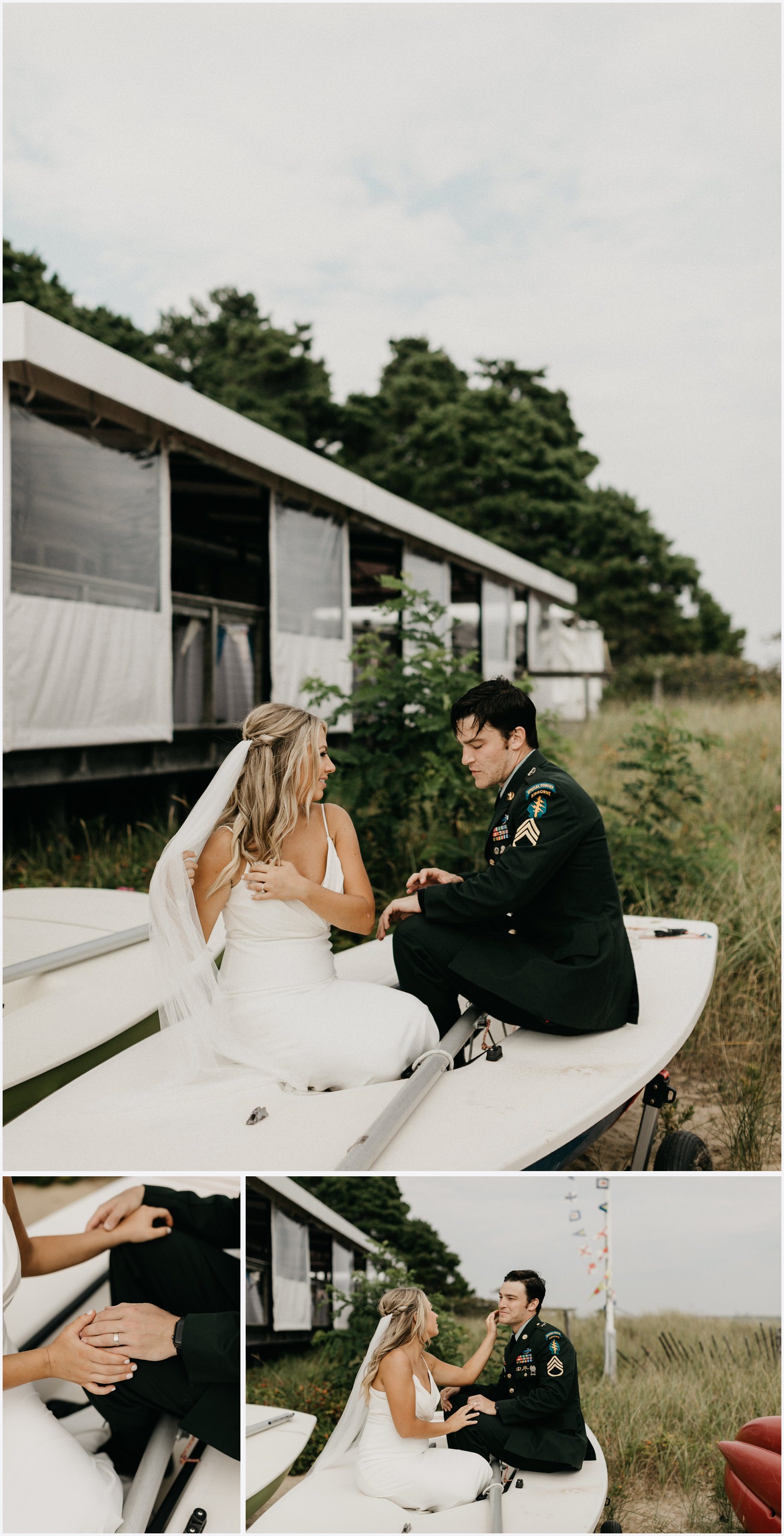 Bride and groom in a boat by the Chequessett Yacht &amp; Country Club