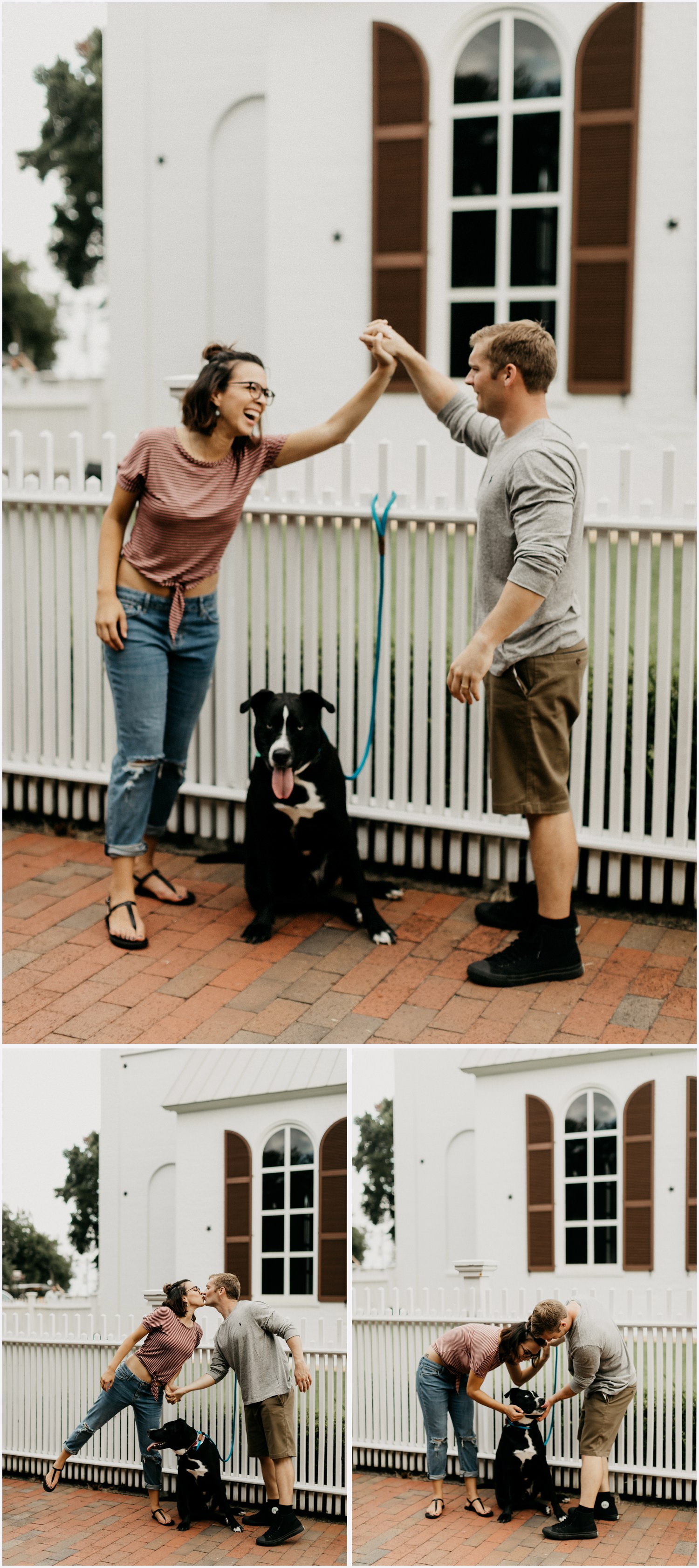 Couple walking their dog by Old Christ Church in Pensacola