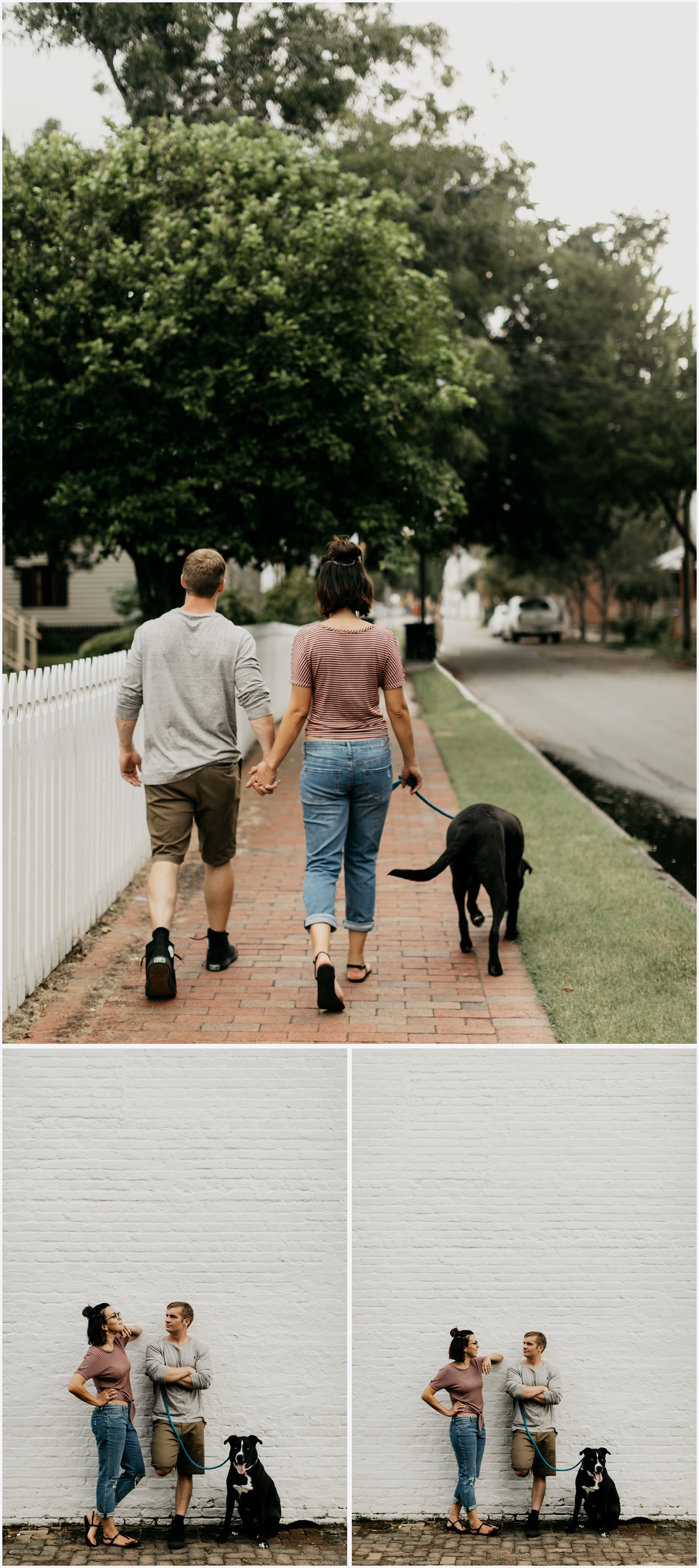 Couple walking their dog in Downtown Pensacola
