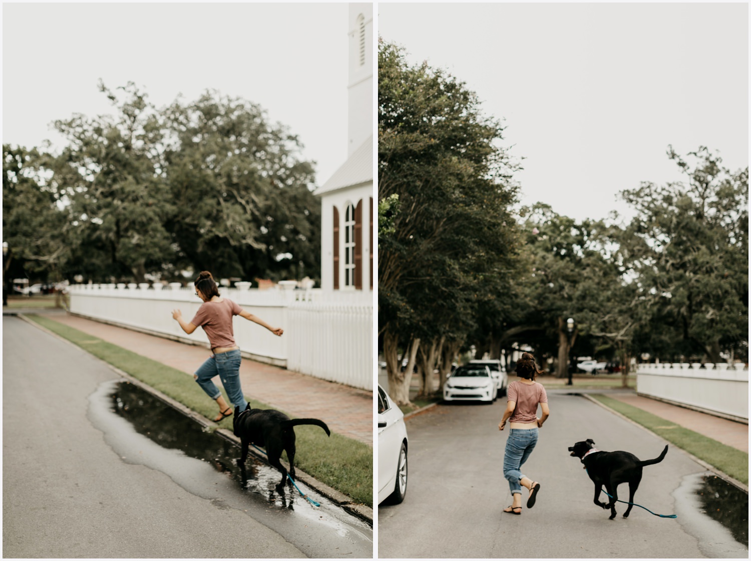 A girl running with her dog in Downtown Pensacola