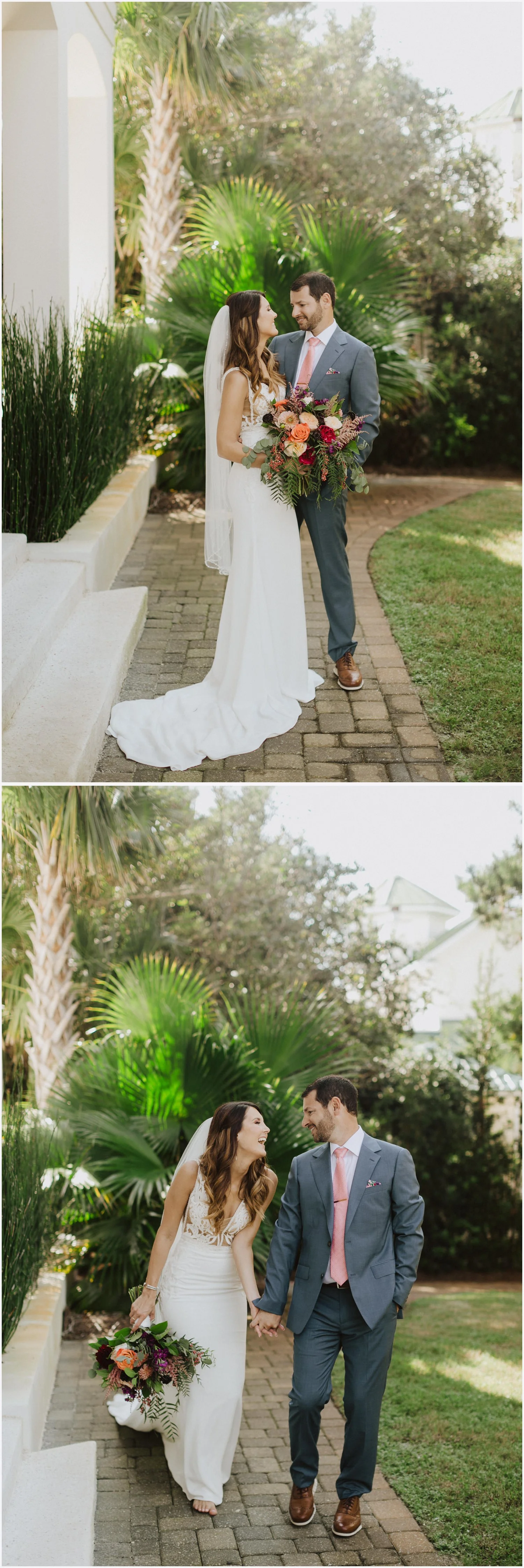 Bride and groom's wedding portraits at their Rosemary Beach house