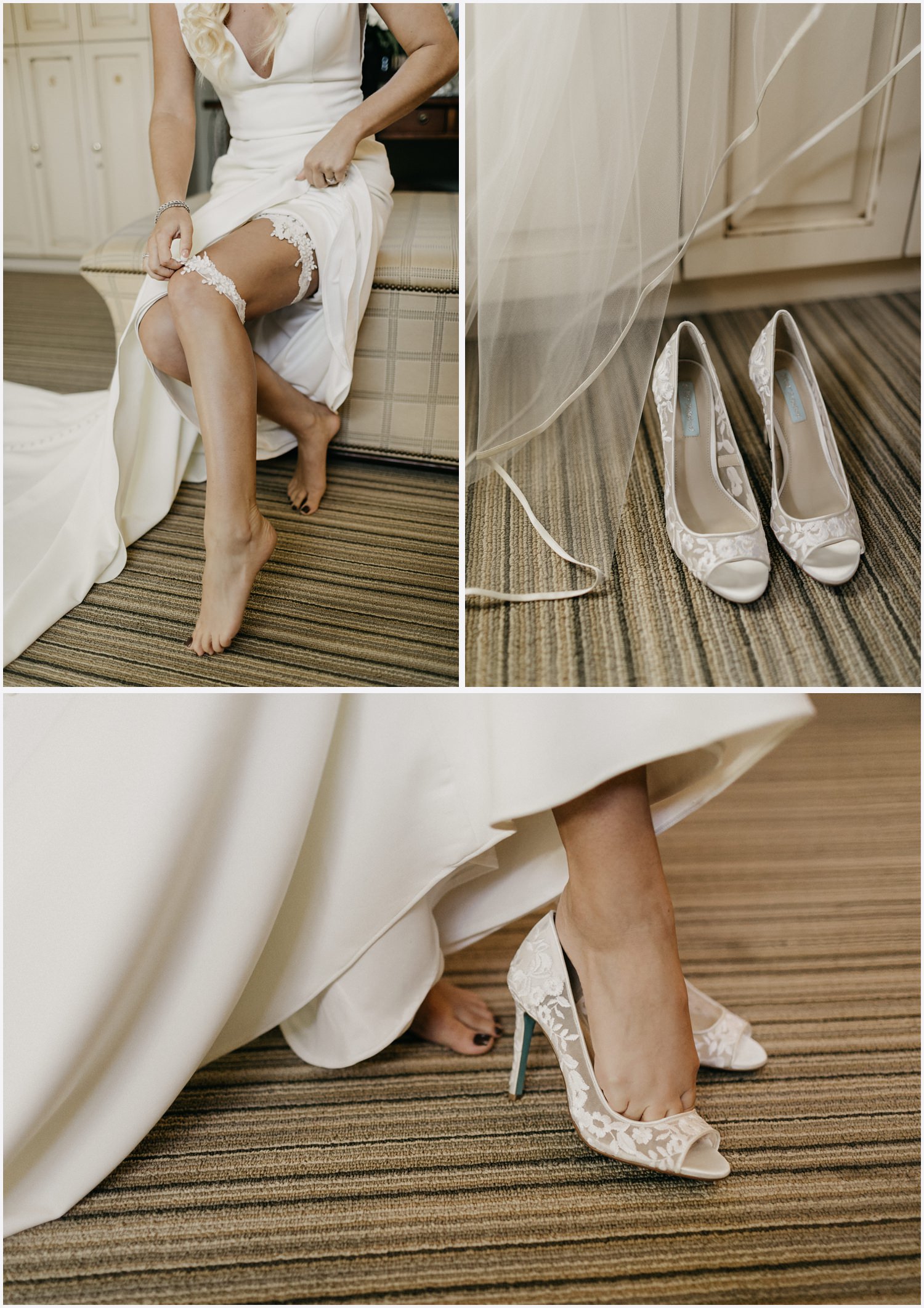 Bride putting shoes on at her Shark's Tooth Golf Club Wedding