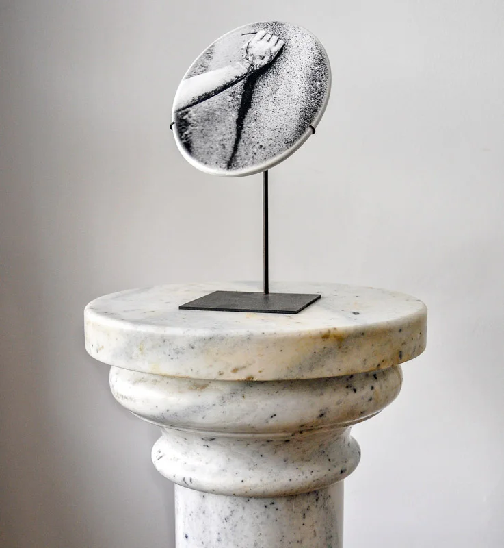 Porcelain medallion, bronze stand, marble column.