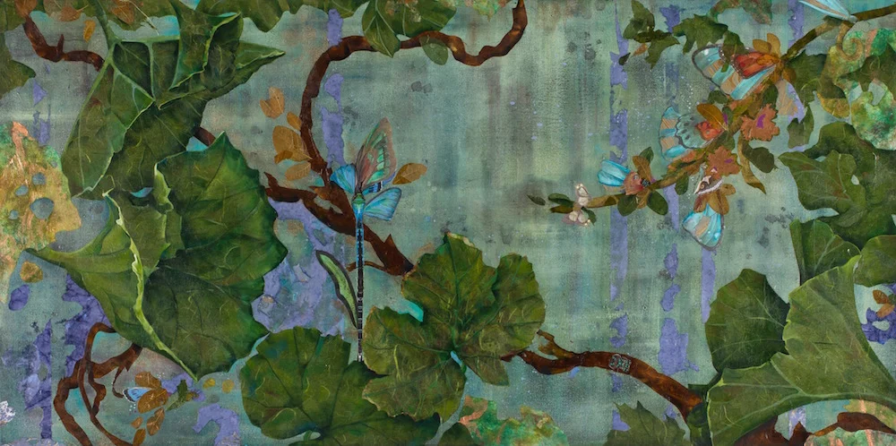 FLYING FLOWERS, 24x48, mixed collage on canvas (2013) Sold
