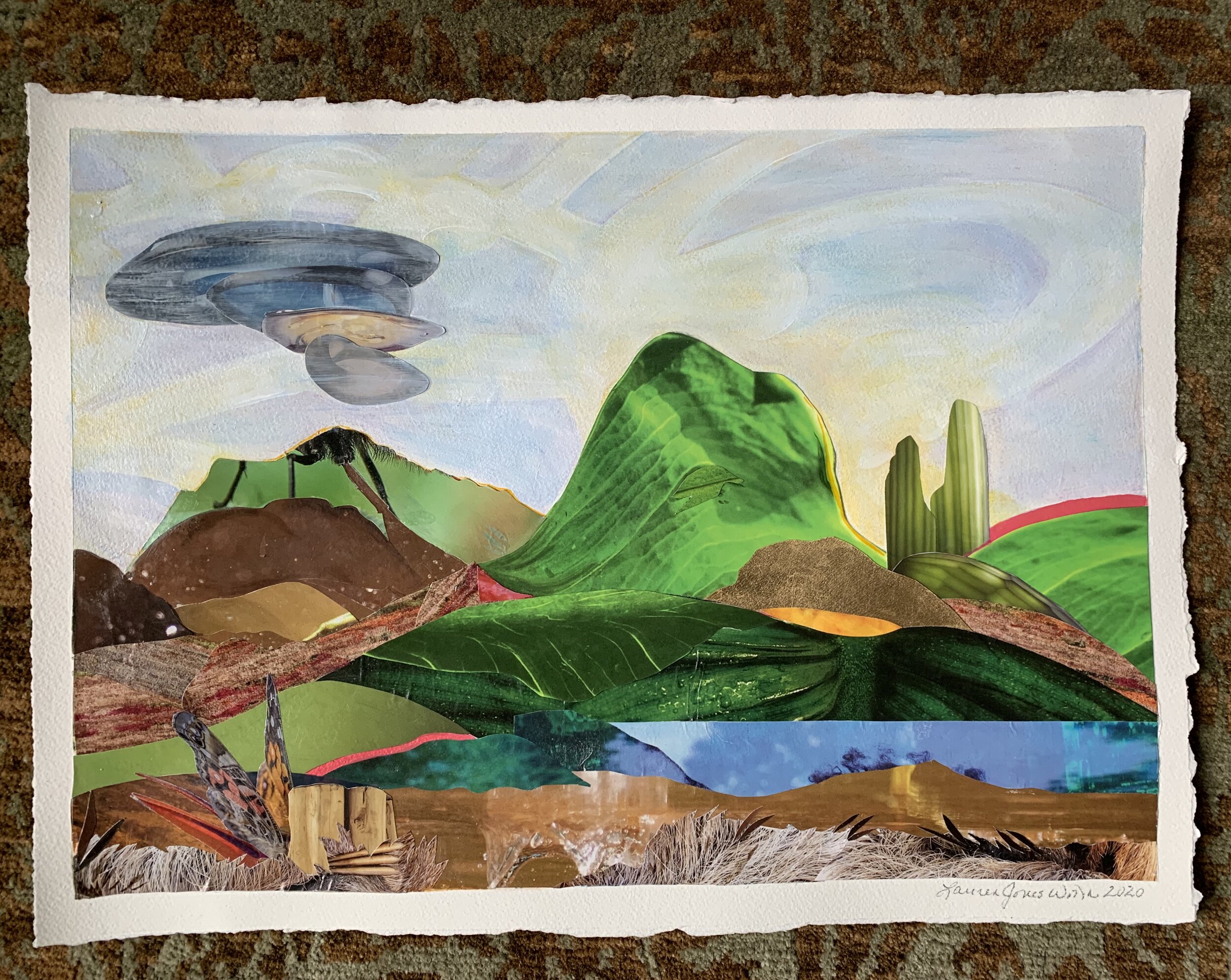 LENTICULAR CLOUDS OVER PATAGONIA, 12x16 inches,  20x24 inches framed,  mixed collage on paper (2020)