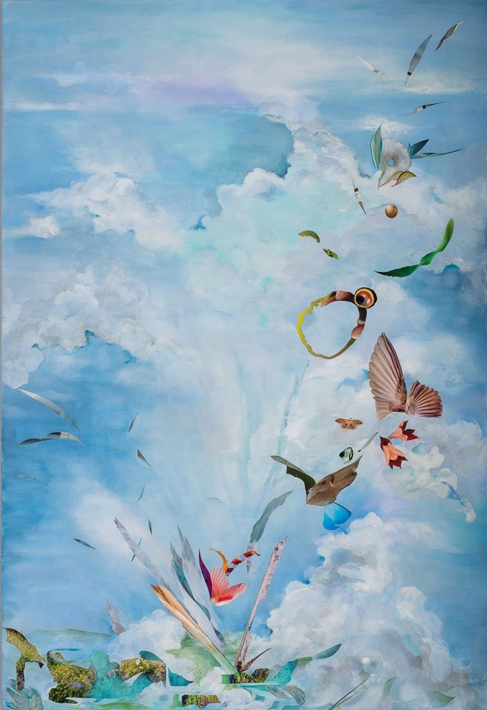 JOYAS VOLADORES (Flying Jewels), 50x34 inches, mixed collage on canvas (2023) 