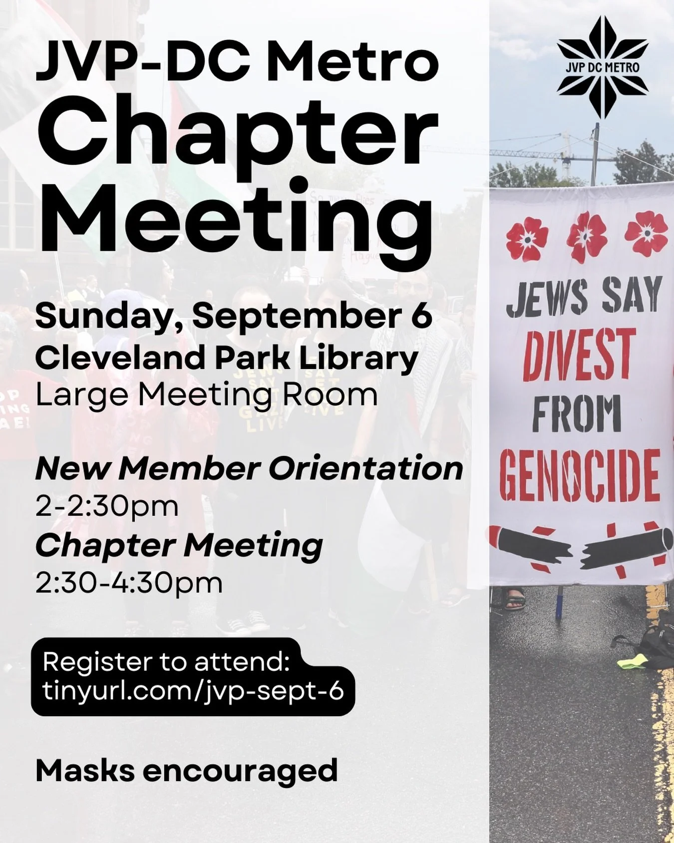 Join us on Sunday, September 6th from 2:00-4:30 PM in the Large Meeting Room at Cleveland Park Library to connect with other JVP-DC Metro chapter members, learn about our work, and find out how you can engage in the struggle to end occupation and gen