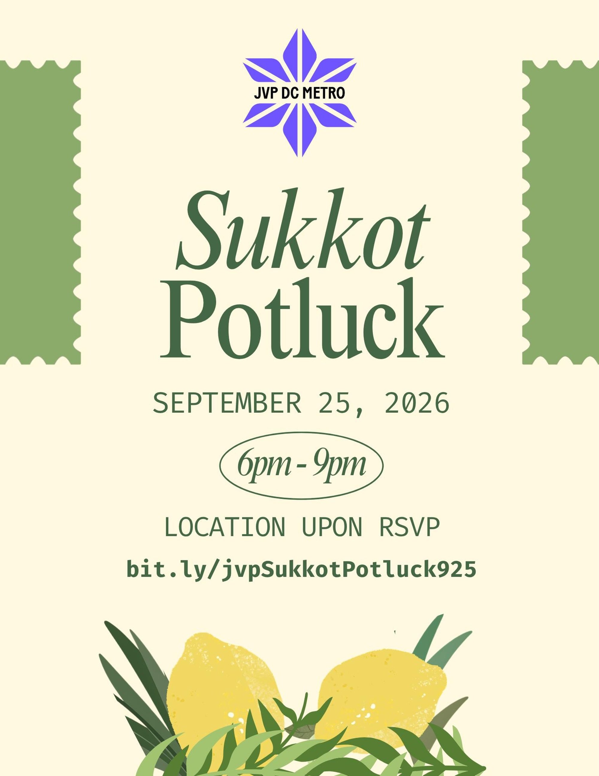 Join JVP-DC Metro for a Sukkot potluck on September 25th from 6&ndash;9pm on H Street NE (exact location upon RSVP). Come together with us to embrace ritual and enjoy potluck food. As we observe and eat, we will ground ourselves in community and a co