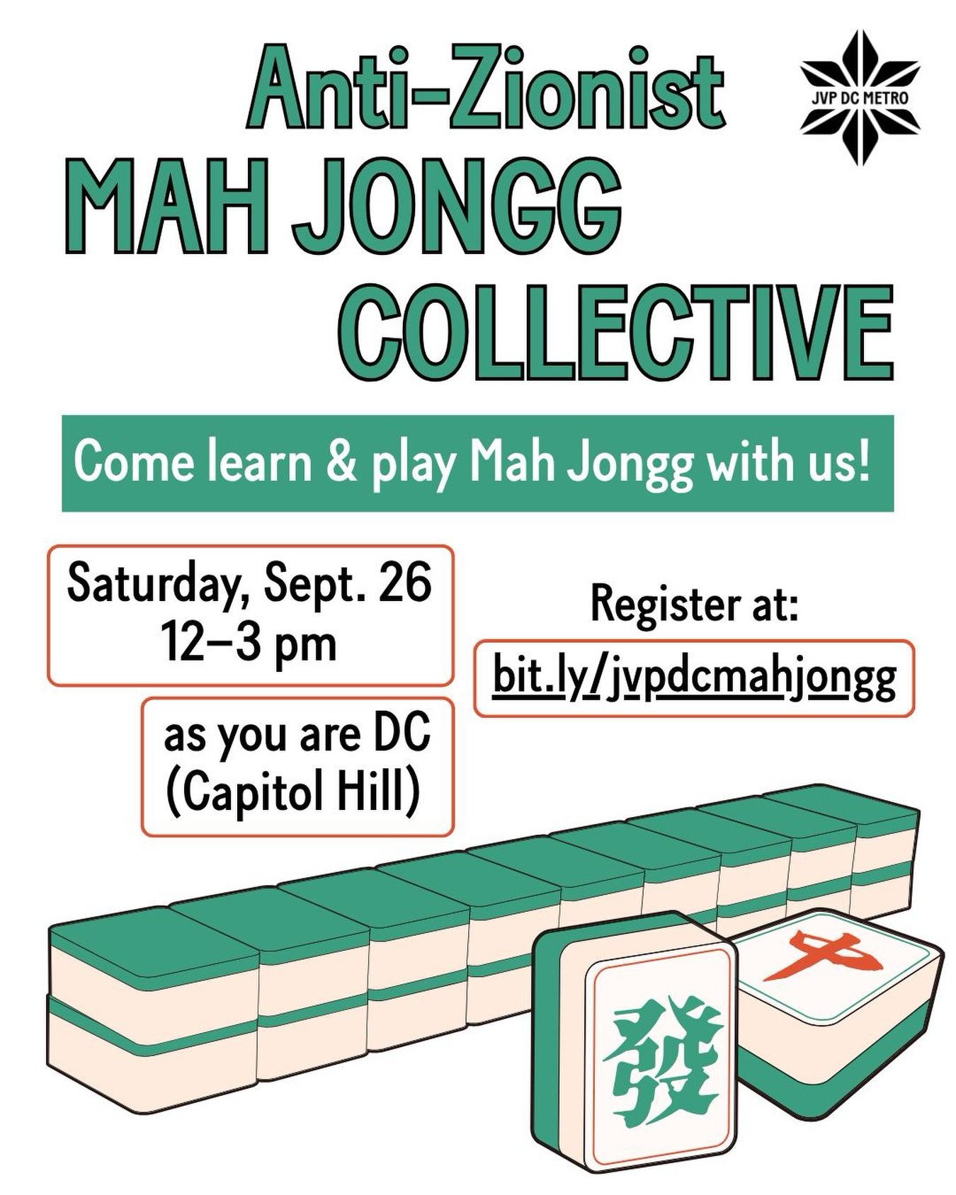 Join JVP-DC Metro on Saturday September 26 from 12-3pm at @asyouaredc in Capitol Hill for the launch of our Anti-Zionist Mah Jongg Collective! We&rsquo;re bringing together folks of all levels who are interested in learning and playing Mah Jongg in w