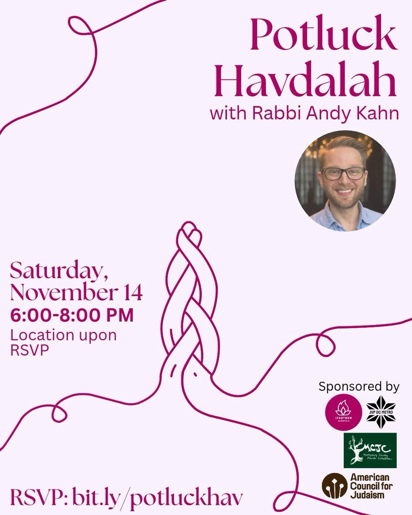 On November 14th, from 6-8 pm, you are invited to join @jvpdcmetro @ifnotnowdc @mcjewishcollective @americancouncilforjudaism for a Havdalah Potluck with special guest Rabbi Andy Kahn.

Rabbi Andy will lead us in a liberatory Havdalah service before 