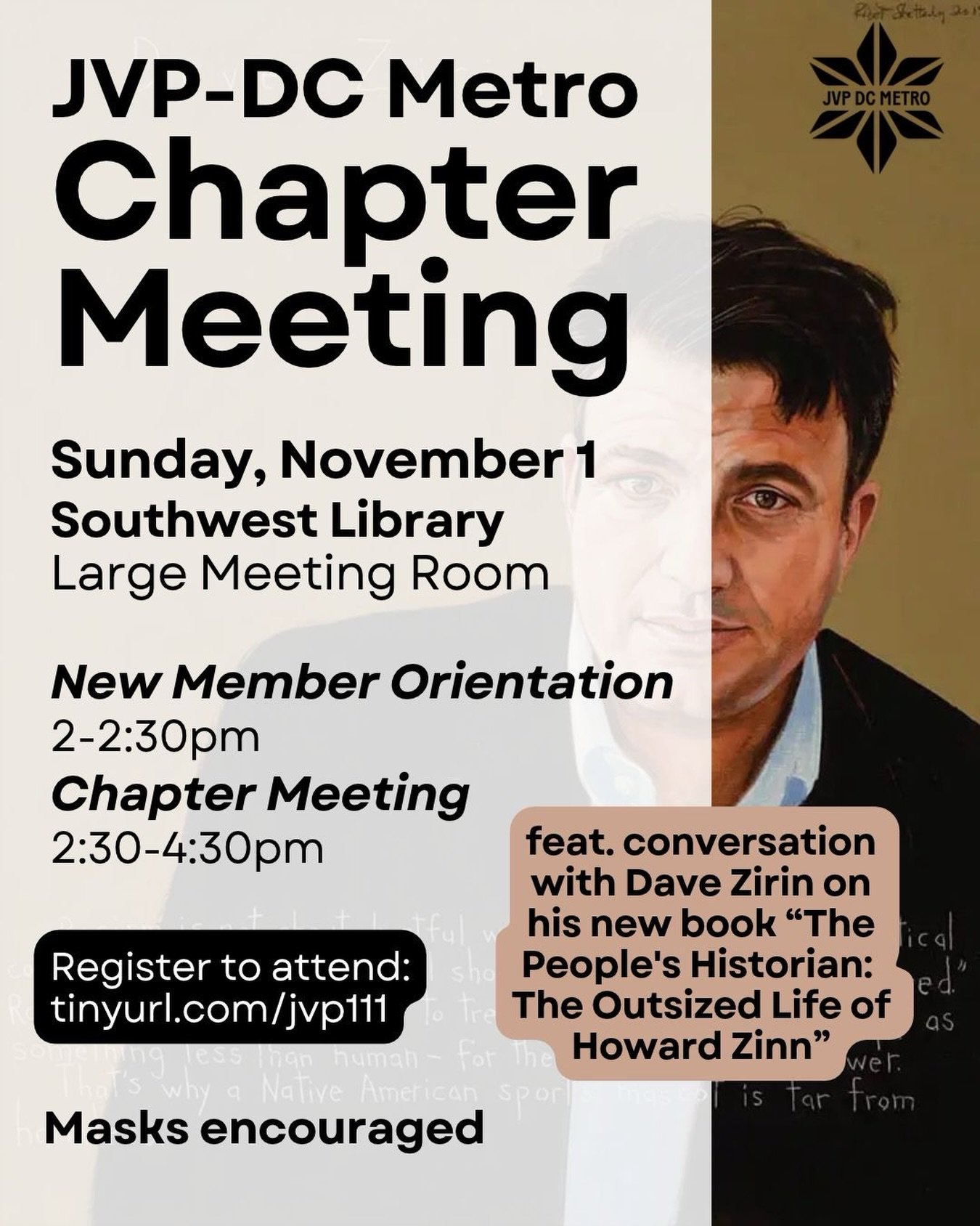 Join @jvpdcmetro on Sunday, November 1st, from 2:00-4:30 PM in the Large Meeting Room at Southwest Library to hear from a special guest and chapter member: political sportswriter and author Dave Zirin from The Nation @nationmag and Edge of Sports @ed