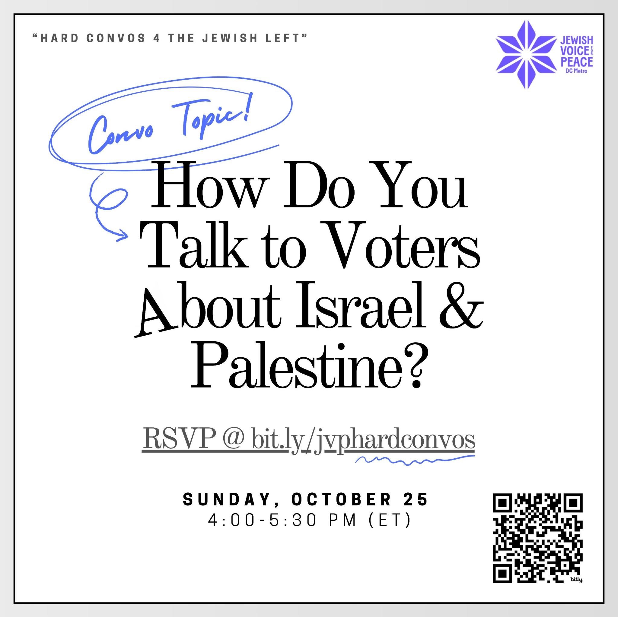 Please join Hard Convos 4 the Jewish Left this Sunday from 4-5:30pm ET! 

RSVP: bit.ly/jvphardconvos by Saturday, October 24th to get the Zoom link in your email inbox.

🗣️🇵🇸🗳️ This month&rsquo;s Hard Convo is for anyone who wants to get better a