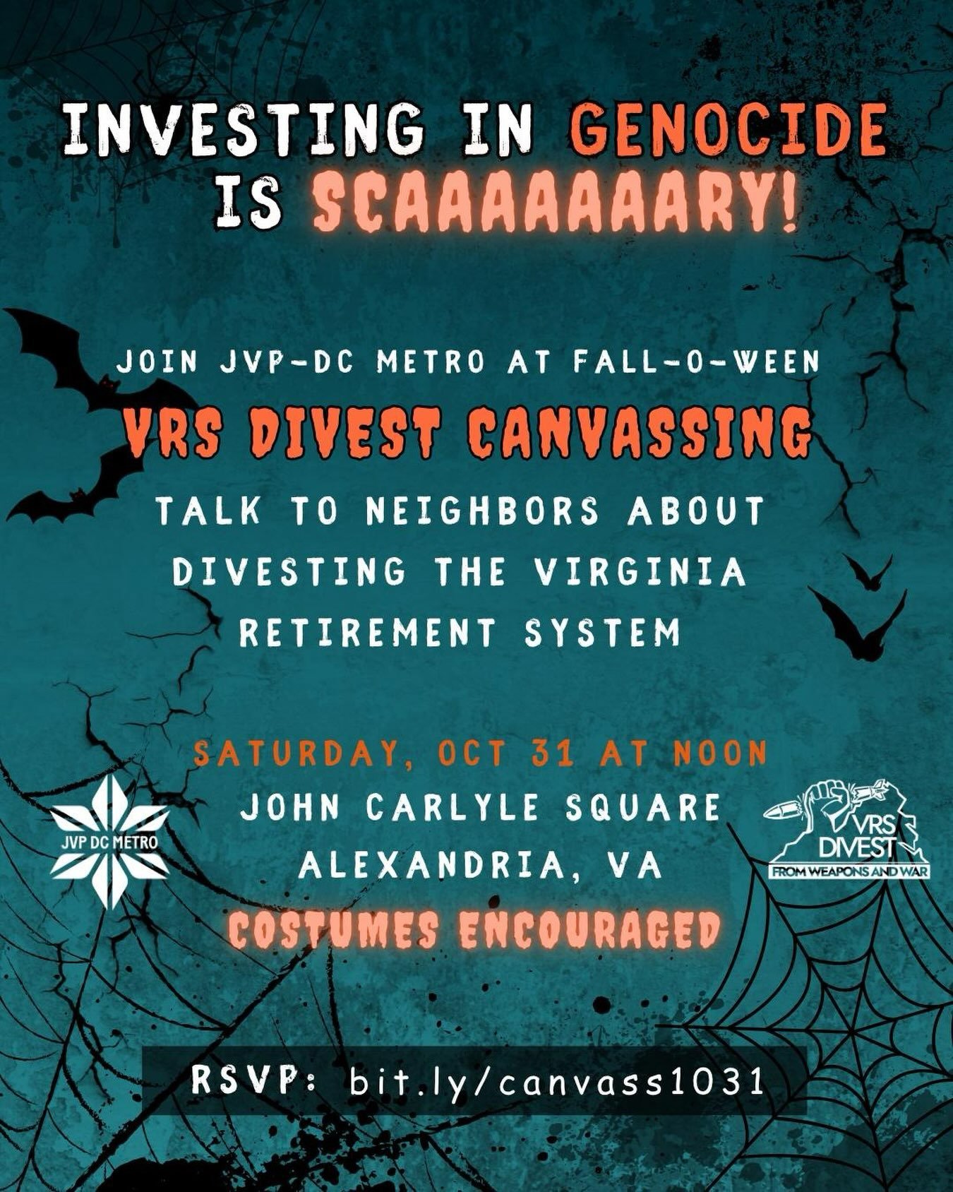 Weapons manufacturers are scaaaary! Join JVP-DC Metro with the @vrsdivest campaign October 31st at Alexandria&rsquo;s Fall-O-Ween festival at 300 John Carlyle Square from 12 pm onwards. Talk to the community about the terrifying places our tax dollar