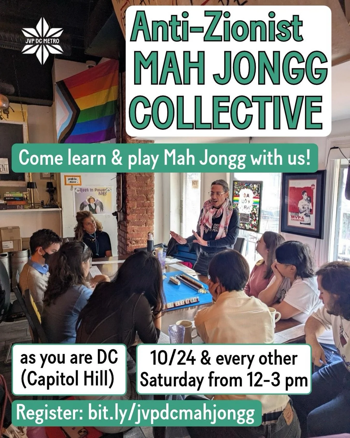 Join @jvpdcmetro on October 24th (and every other Saturday thereafter) from 12-3 pm at @asyouaredc to learn and play with our Anti-Zionist Mah Jongg Collective! We bring together folks of all levels who are interested in learning and playing Mah Jong