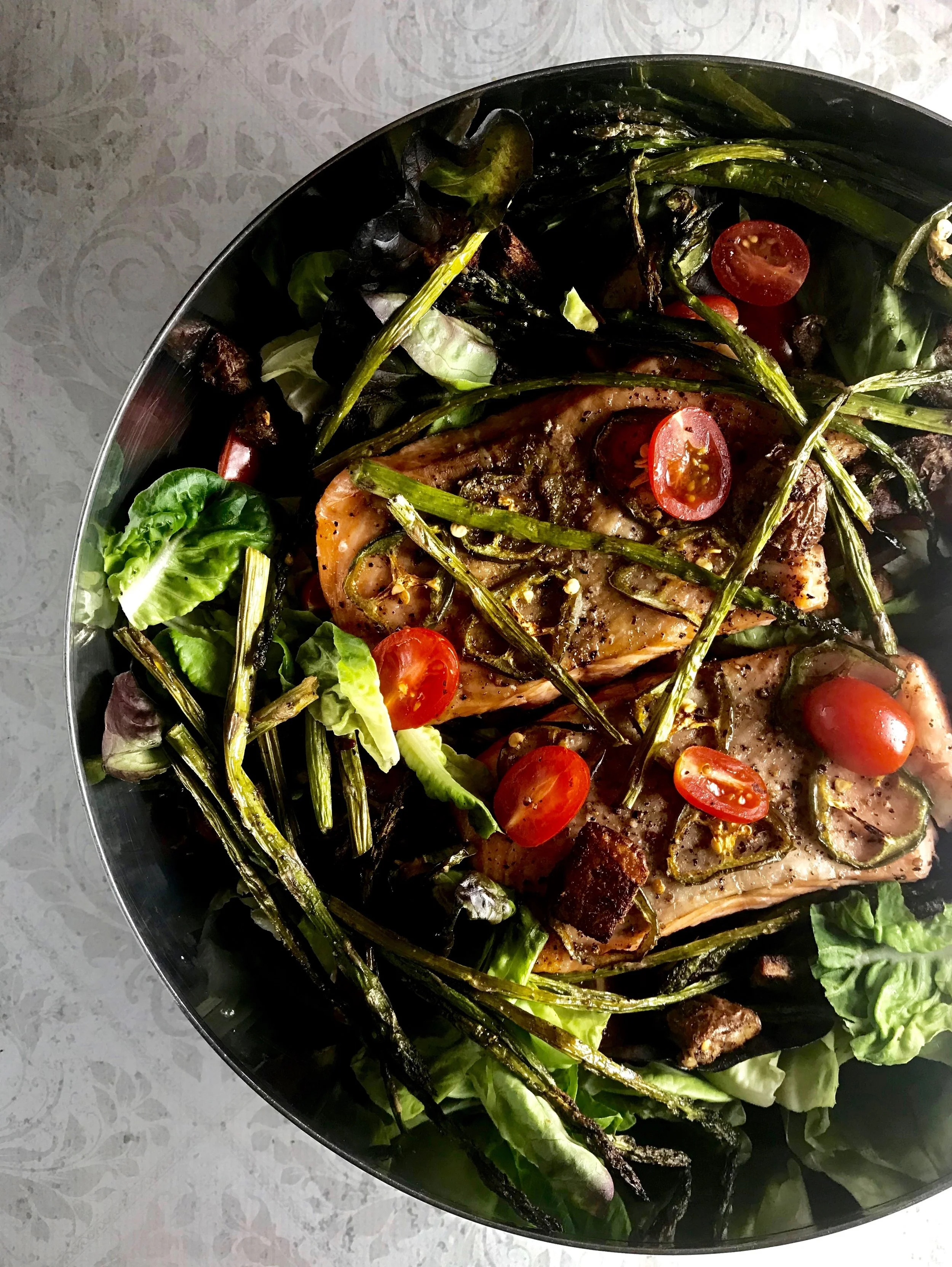 Salmon, asparagus, and potato salad