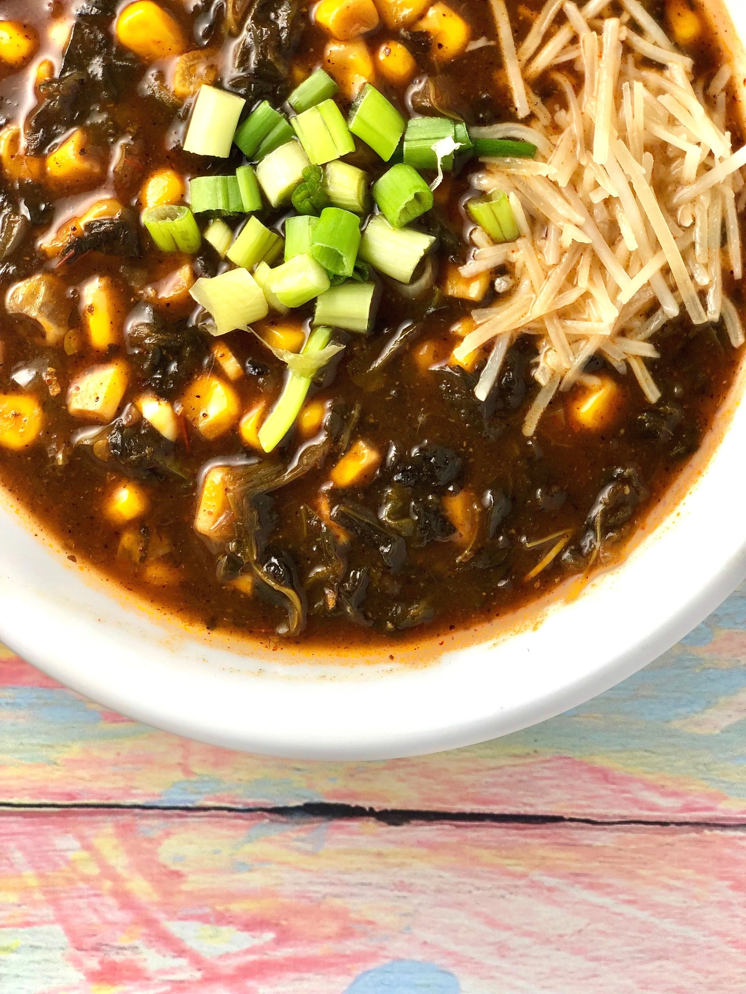 Spinach and corn enchilada soup - closeup
