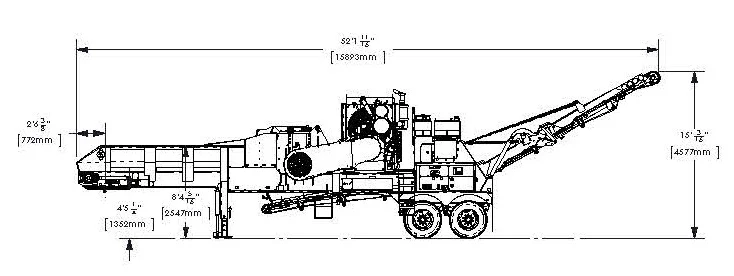 DZH3000 STANDARD FEATURES: Fluid coupling mill drive, reversing fan, radio remote control, tool box, engine cover, and super-screw belt lacing. Weights vary depending on options. Widths based on 600 mm tracks or Transporter width. Diamond Z reserves the right to improve our products and make changes without notice. Actual products and production rates may vary.