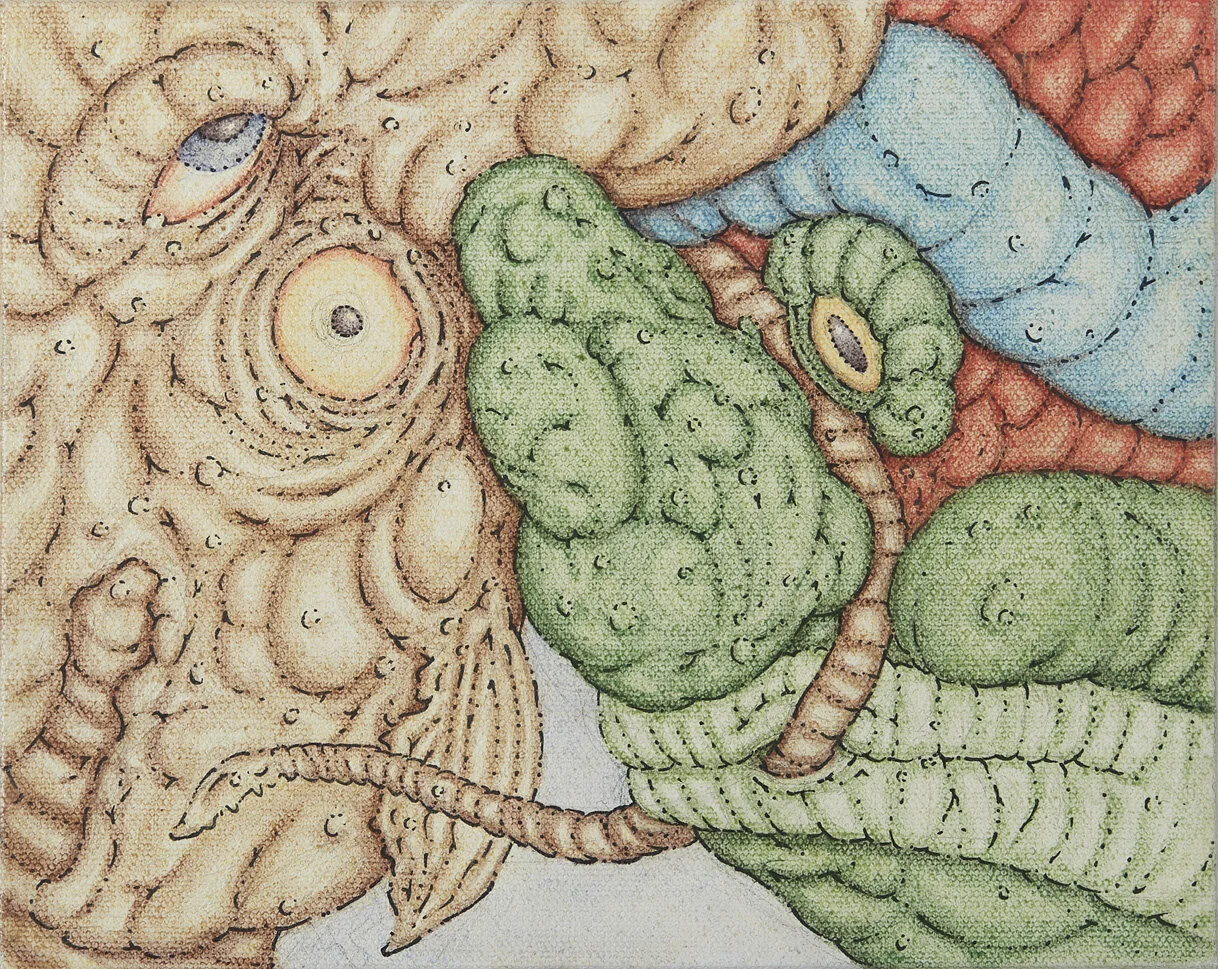   Bumping Heads,  2020. Acrylic and graphite on canvas, 8 x 10 inches. 