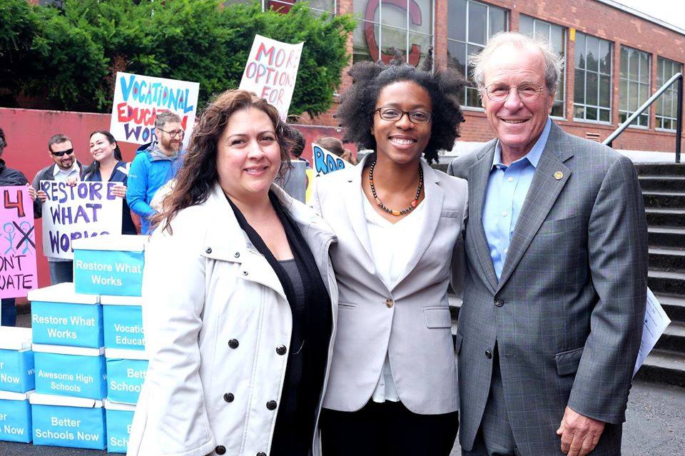 Carmen Rubio attends a Yes on 98 rally with co-petitioners Toya Fink, Oregon Stand for Children Executive Director, and former Governor Ted Kulongoski.