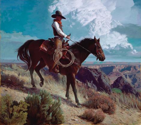 A Rocky Slope Oil 30"x34" “This painting was me trying to be more graphic with the character designs. I’ve been inspired by Winsor McKay for a long time, and I realize that, when I sketch cowboys in pencil, you can see some of his influence. But, when I paint, it disappears, because my style is realistic. In this painting I tried to give the cowboy a more designed aspect.”