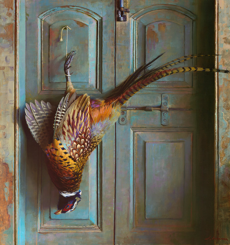 “Pheasant on Blue Door” 31"x32" Oil