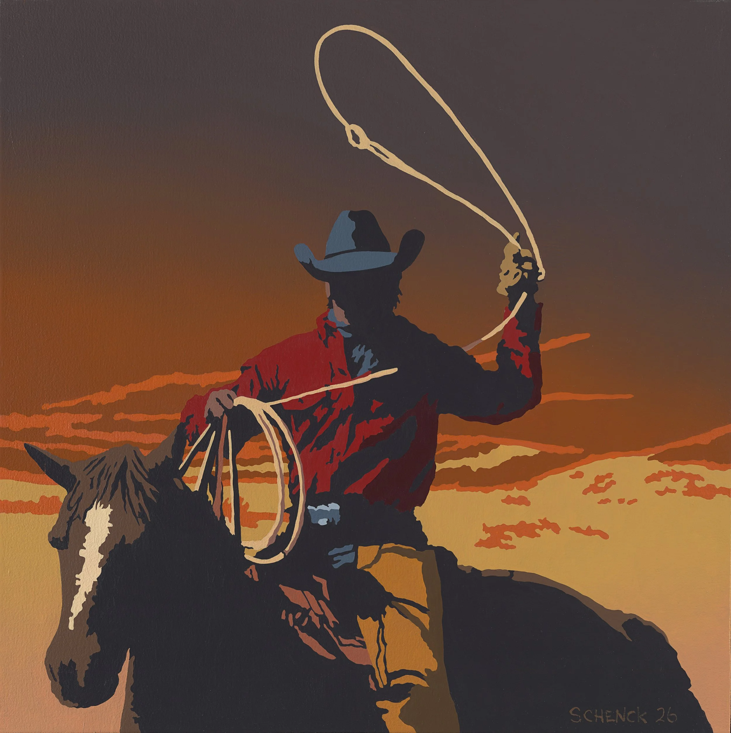 (SOLD) Billy Schenck "Late Day Roper" 20"x20" Oil