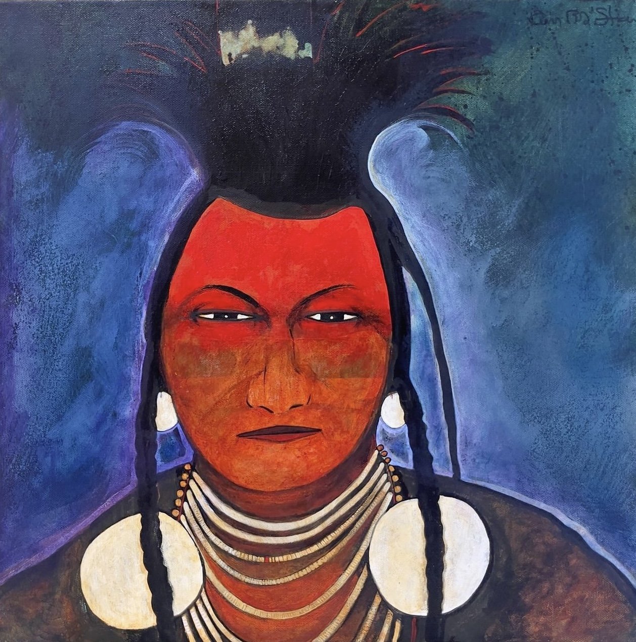 Red Star, Kevin - %22Hits the Elk%22 - Painted Face Warrior - Northern Plains Tribal Man - Acrylic and mixed media - 20x20 - 12,000.jpeg