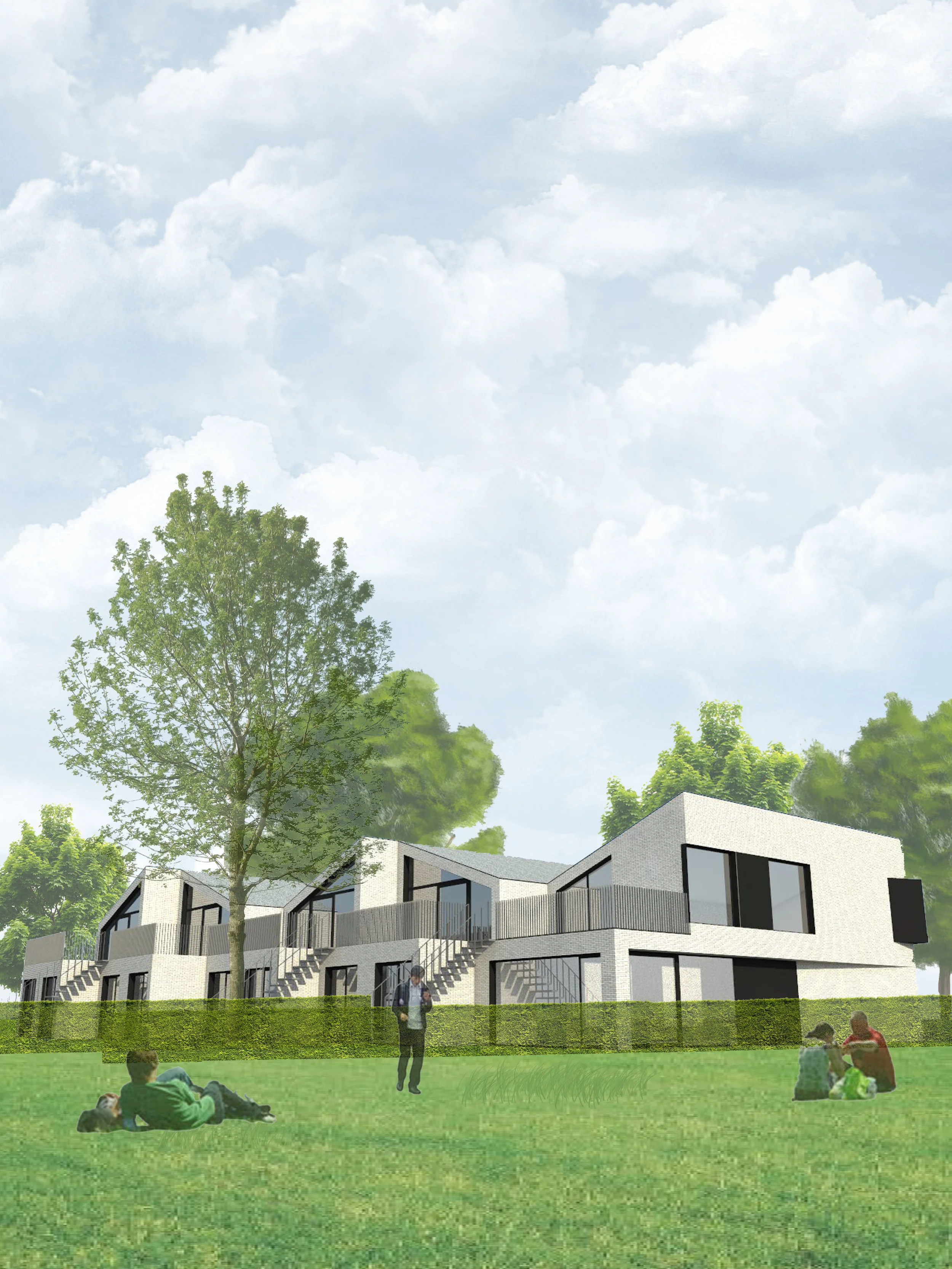 Binnen hetzelfde concept van 5 geschakelde woningen zijn verschillende woontypes mogelijk zonder aan de architectuur te wijzigen. Het verspringend schakelen van de woningen zorgt voor een speelse achtergevel