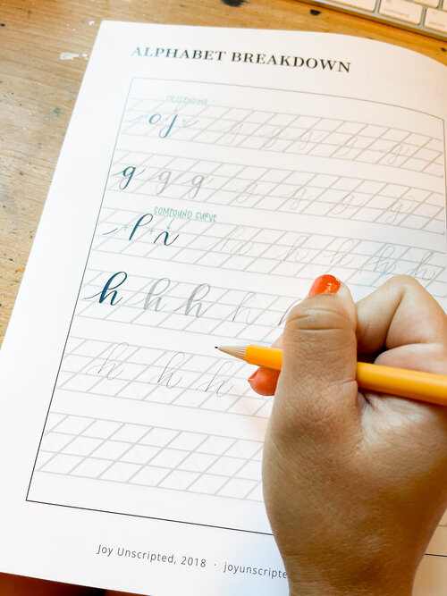 Alphabet practice page(s) from Joy Unscripted ‘Intro to Hand Lettering’ workbook.