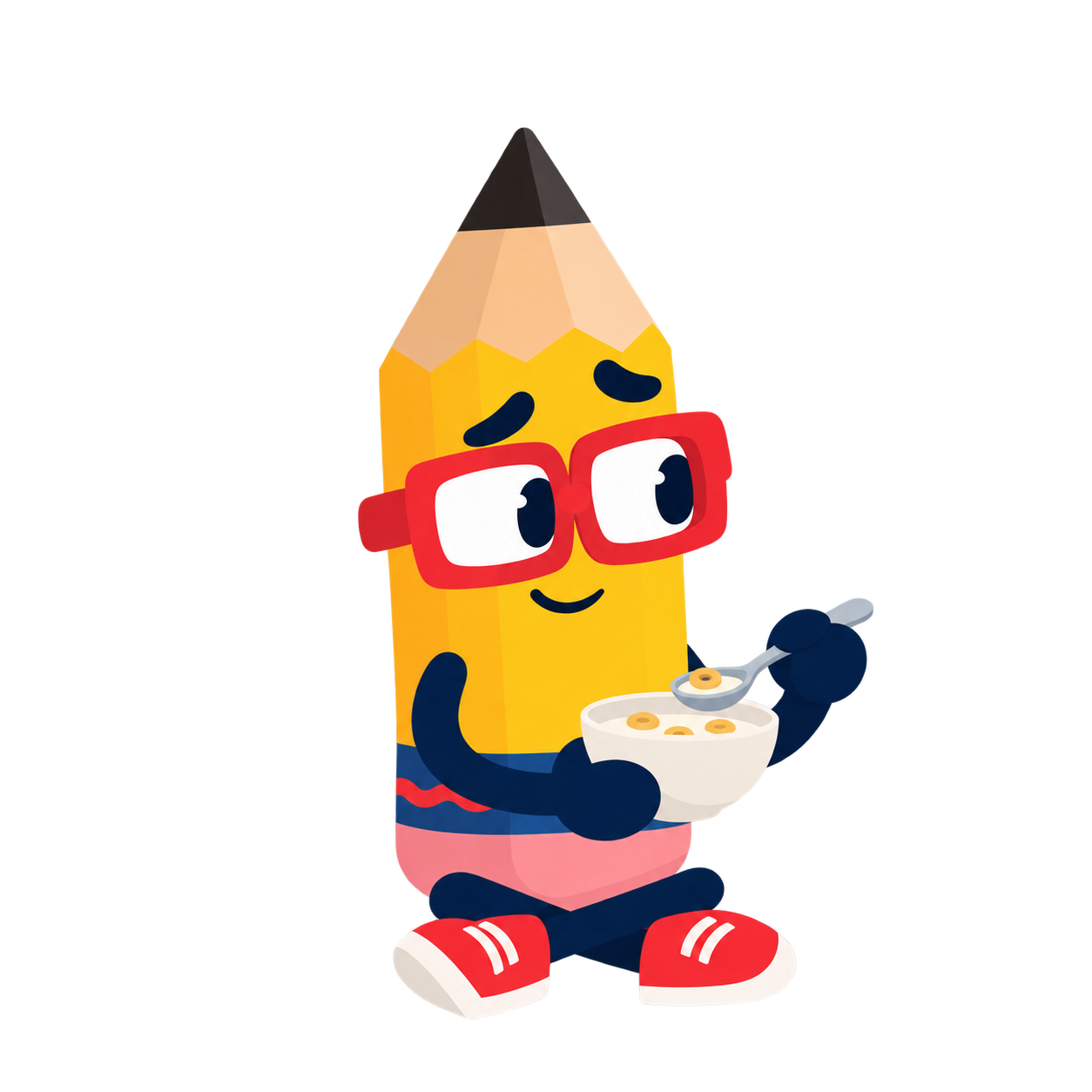 Jesse the Pencil eating cereal on the floor, looking guilty