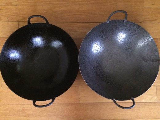A seasoned Cen wok (left) and brand-new one (right). Photo: Grace Young